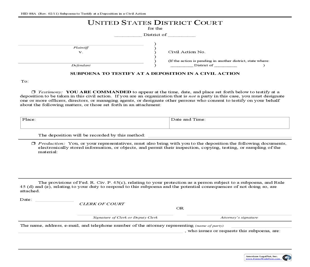 Subpoena To Testify At A Deposition In A Civil Action {HID 88A} | Pdf Fpdf Doc Docx | Hawaii