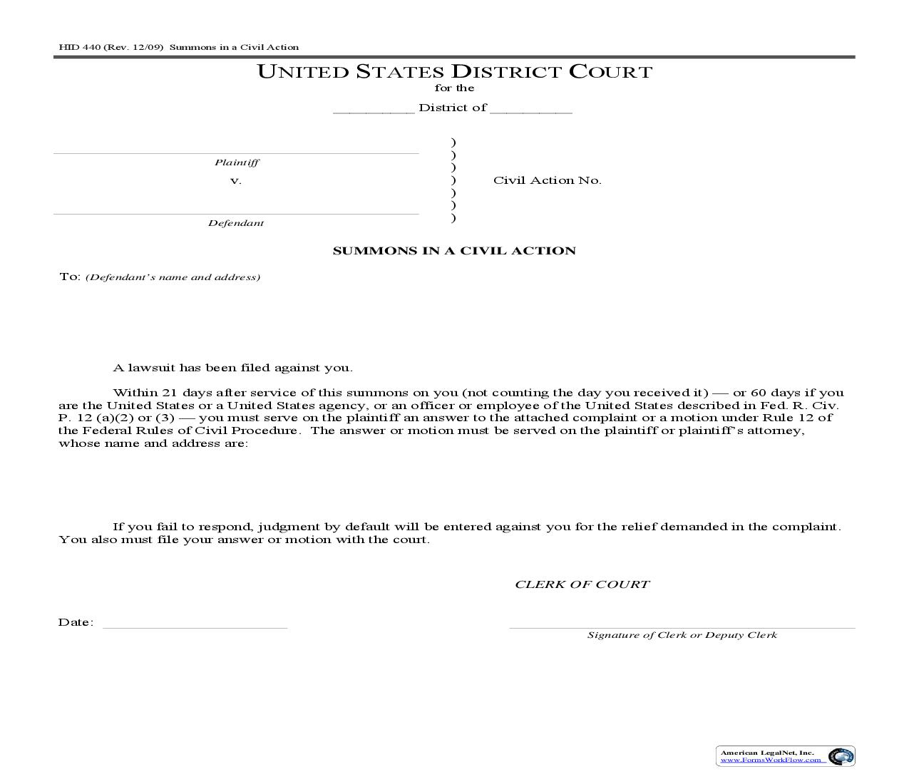 Summons In A Civil Action {HID-440} | Pdf Fpdf Doc Docx | Hawaii