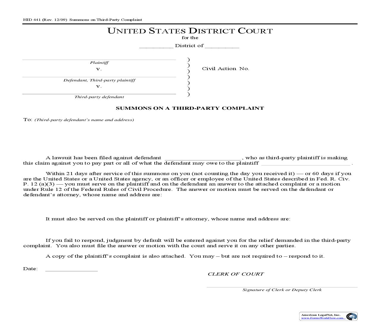 Summons On A Third-Party Complaint {HID-441} | Pdf Fpdf Doc Docx | Hawaii