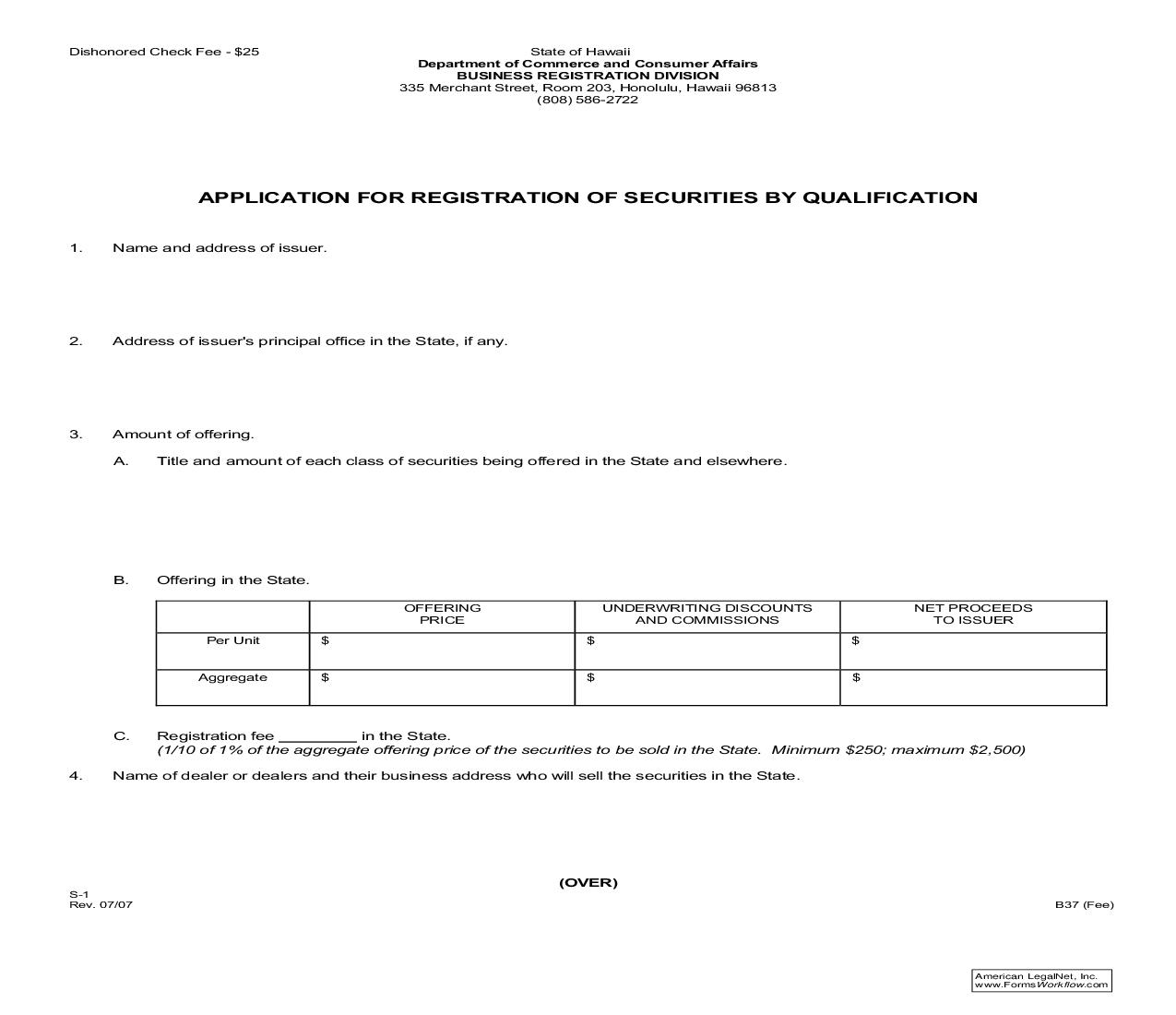 Application For Registration Of Securities By Qualification {S-1} | Pdf Fpdf Doc Docx | Hawaii