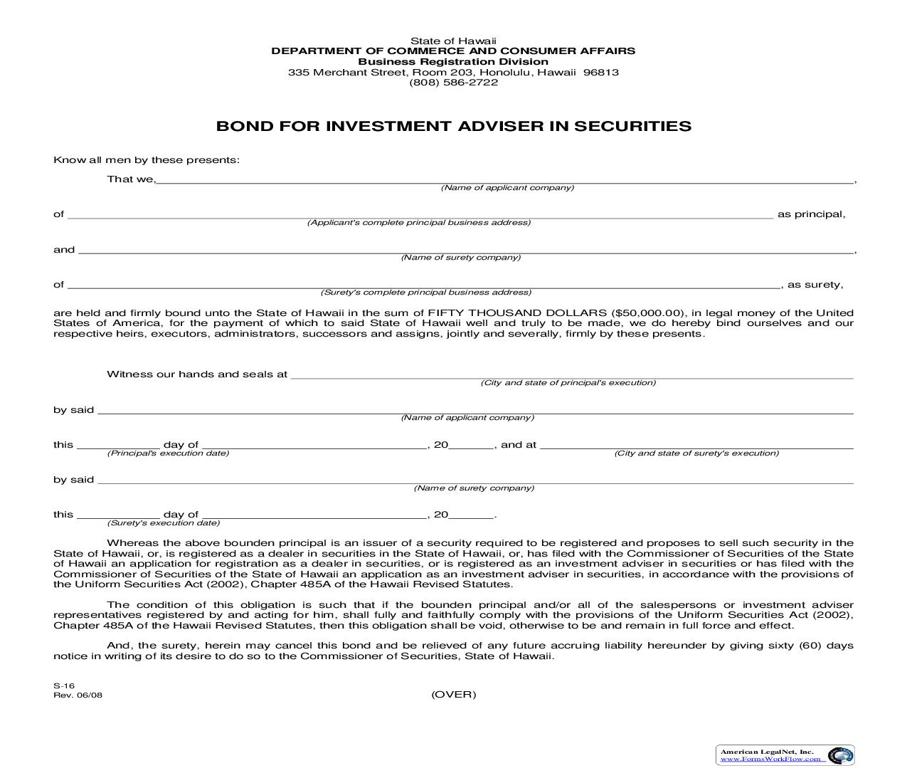 Bond For Investment Adviser In Securities {S-16} | Pdf Fpdf Doc Docx | Hawaii