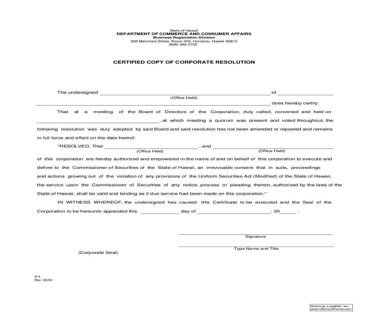 Certified Copy Of Corporate Resolution {S4} | Pdf Fpdf Doc Docx | Hawaii