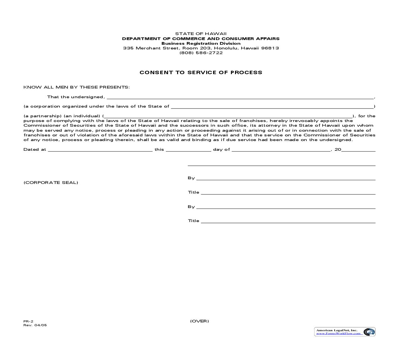 Consent To Service Of Process (Franchise) {FR-2} | Pdf Fpdf Doc Docx | Hawaii