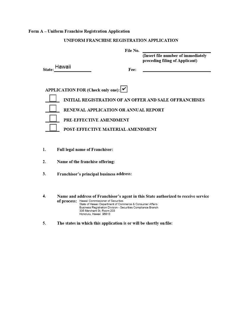 Uniform Franchise Registration Application {A} | Pdf Fpdf Docx | Hawaii