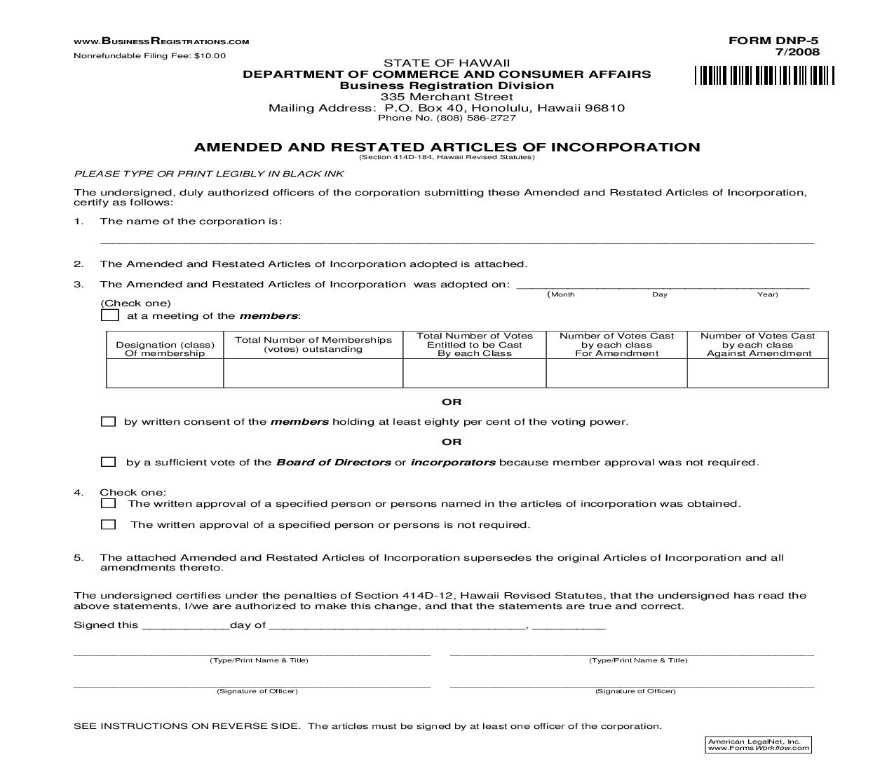 Amended And Restated Articles Of Incorporation {DNP-5} | Pdf Fpdf Doc Docx | Hawaii