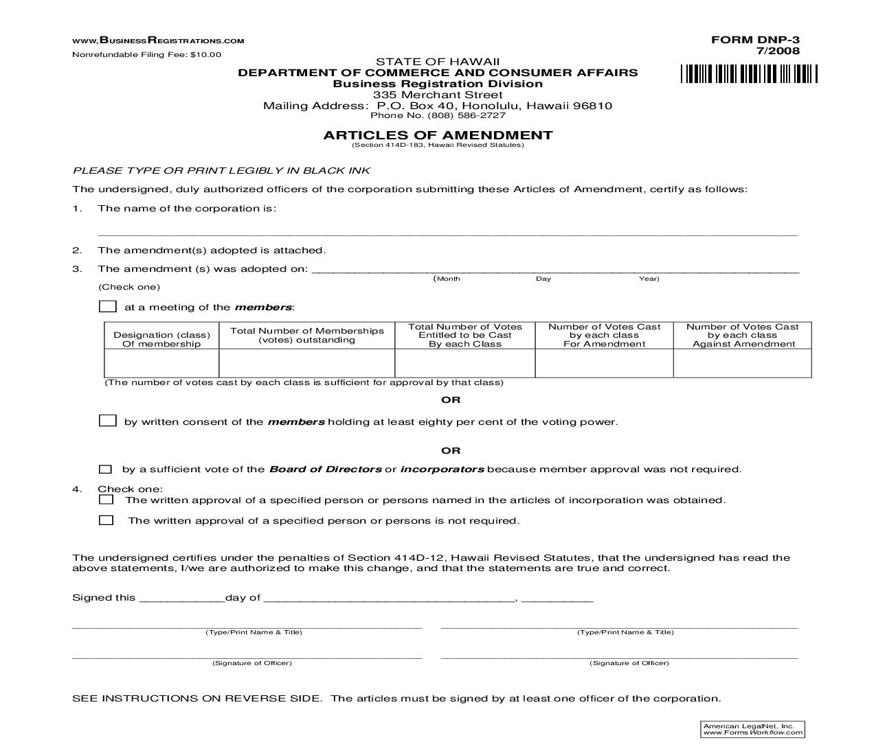 Articles Of Amendment {DNP-3} | Pdf Fpdf Doc Docx | Hawaii