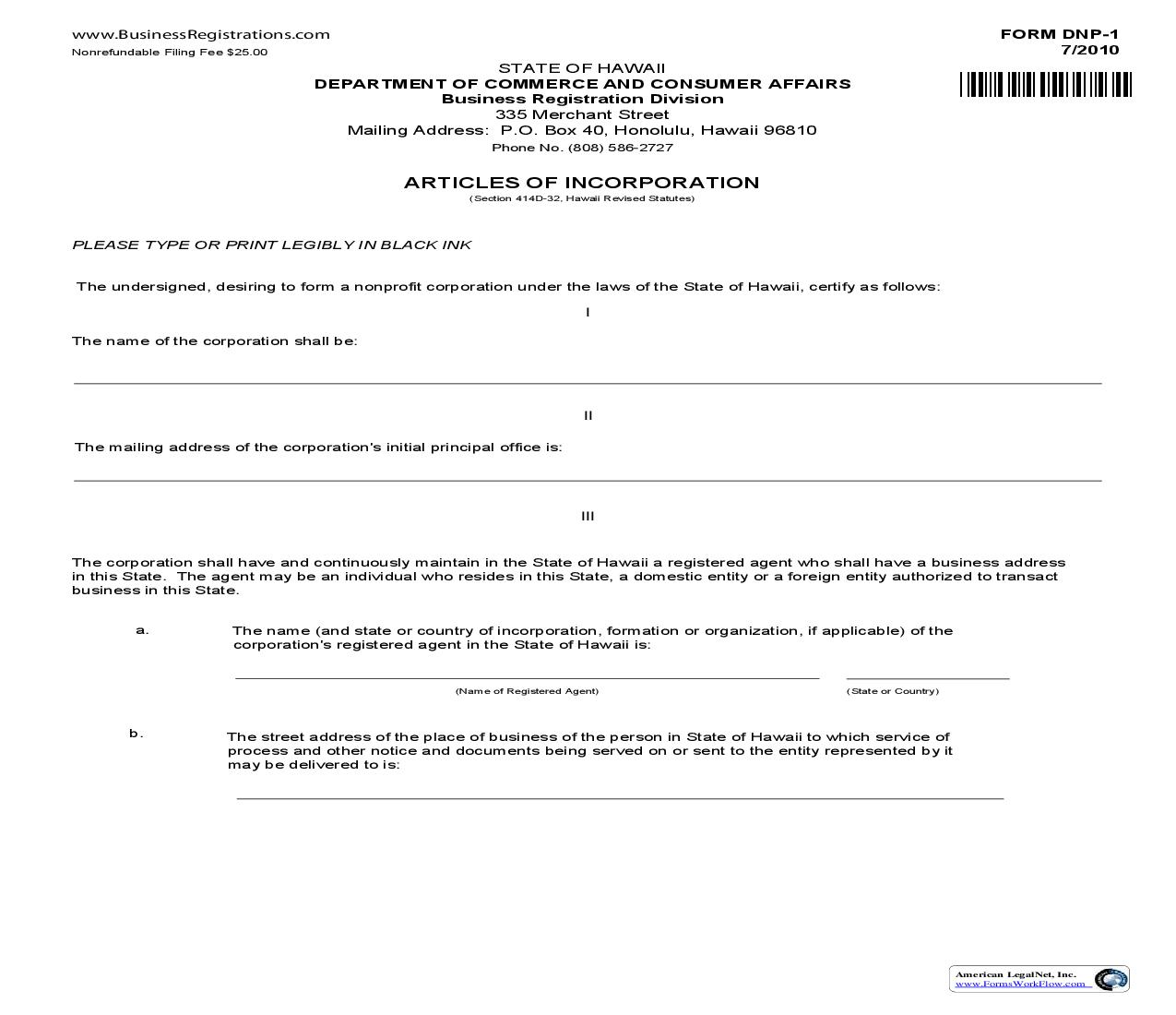 Articles Of Incorporation {DNP-1} | Pdf Fpdf Doc Docx | Hawaii