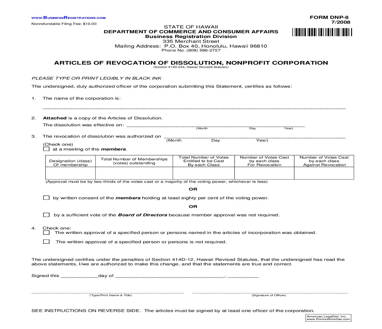 Articles Of Revocation Of Dissolution {DNP-8} | Pdf Fpdf Doc Docx | Hawaii