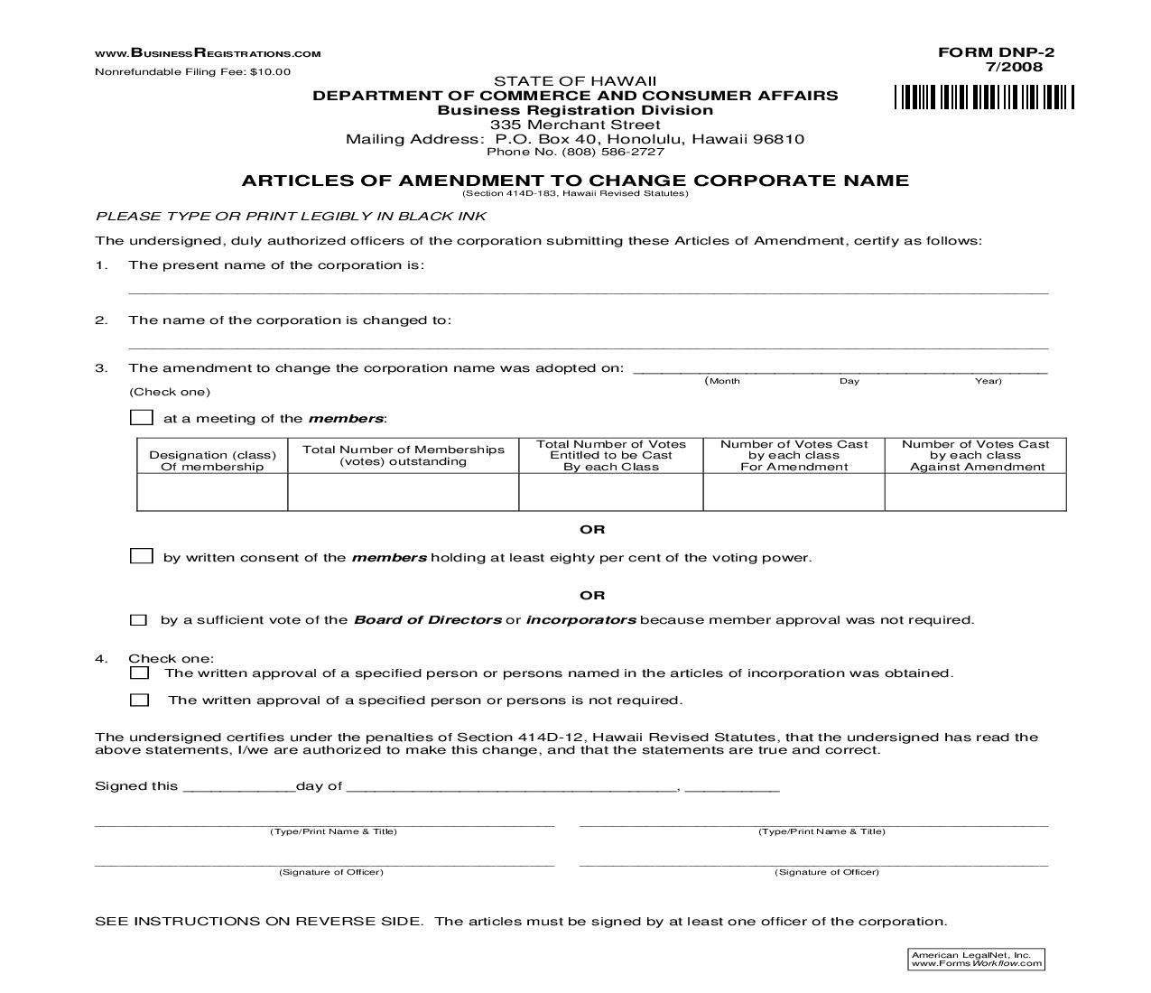 Articles of Amendment To Change Corporate Name {DNP-2} | Pdf Fpdf Doc Docx | Hawaii