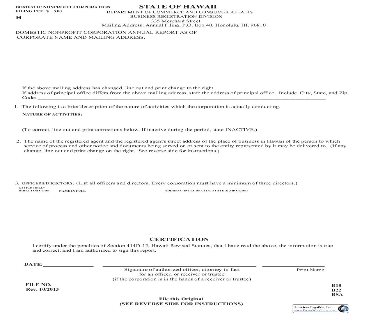 Domestic Nonprofit Corporation Annual Report {D2} | Pdf Fpdf Doc Docx | Hawaii