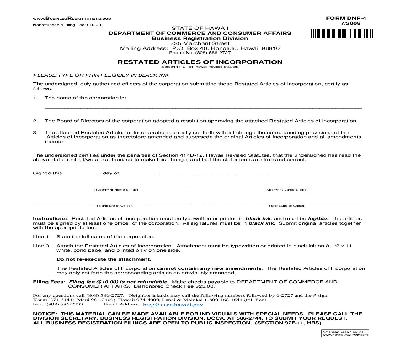 Restated Articles Of Incorporation {DNP-4} | Pdf Fpdf Doc Docx | Hawaii