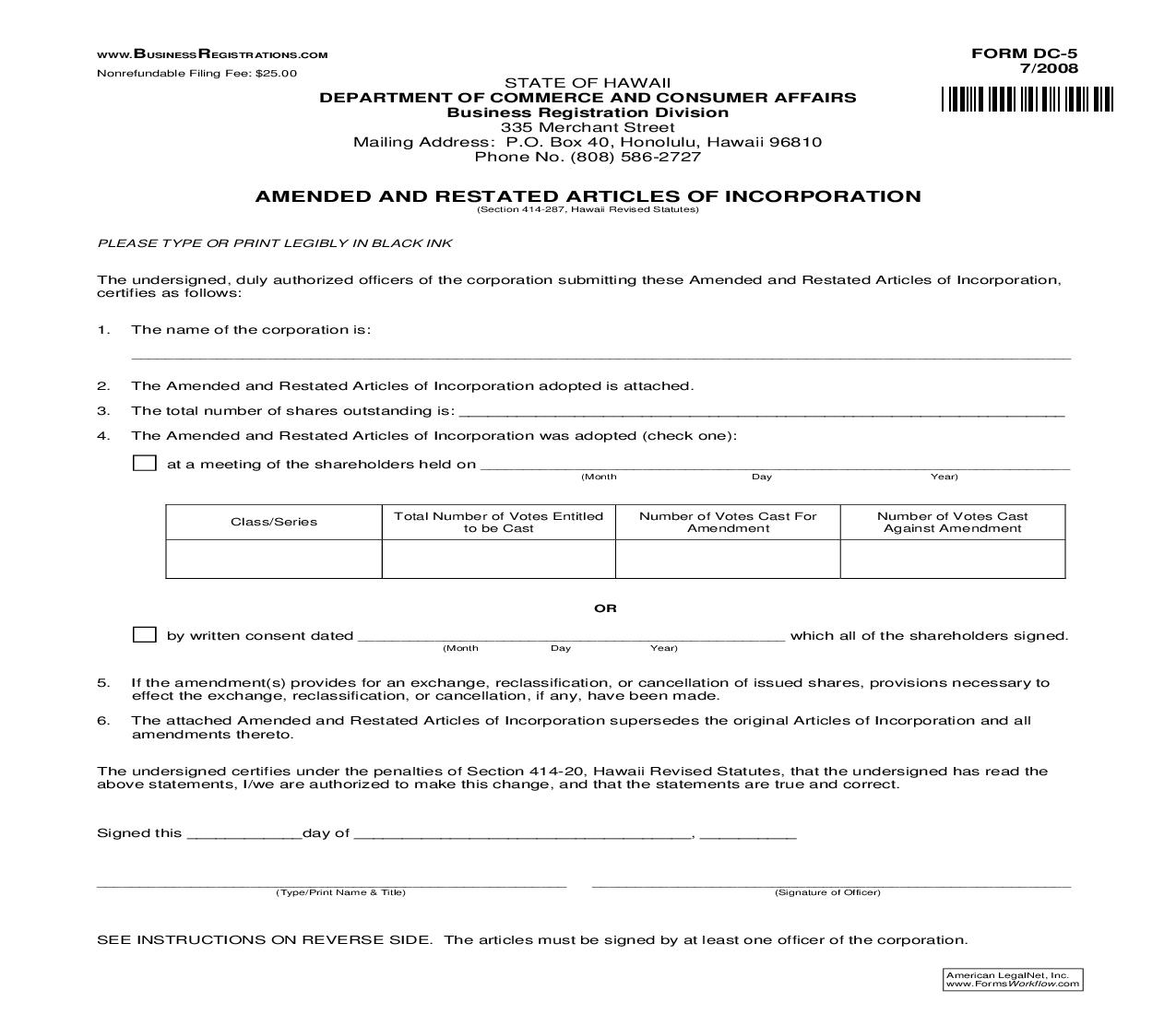Amended And Restated Articles Of Incorporation {DC-5} | Pdf Fpdf Doc Docx | Hawaii