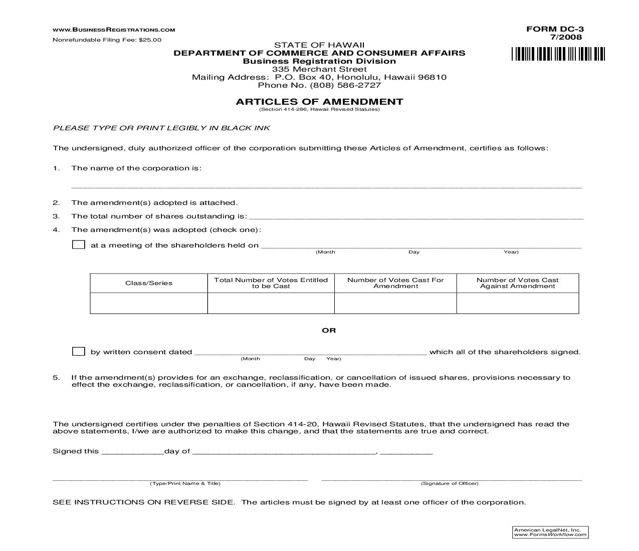 Articles Of Amendment {DC-3} | Pdf Fpdf Doc Docx | Hawaii