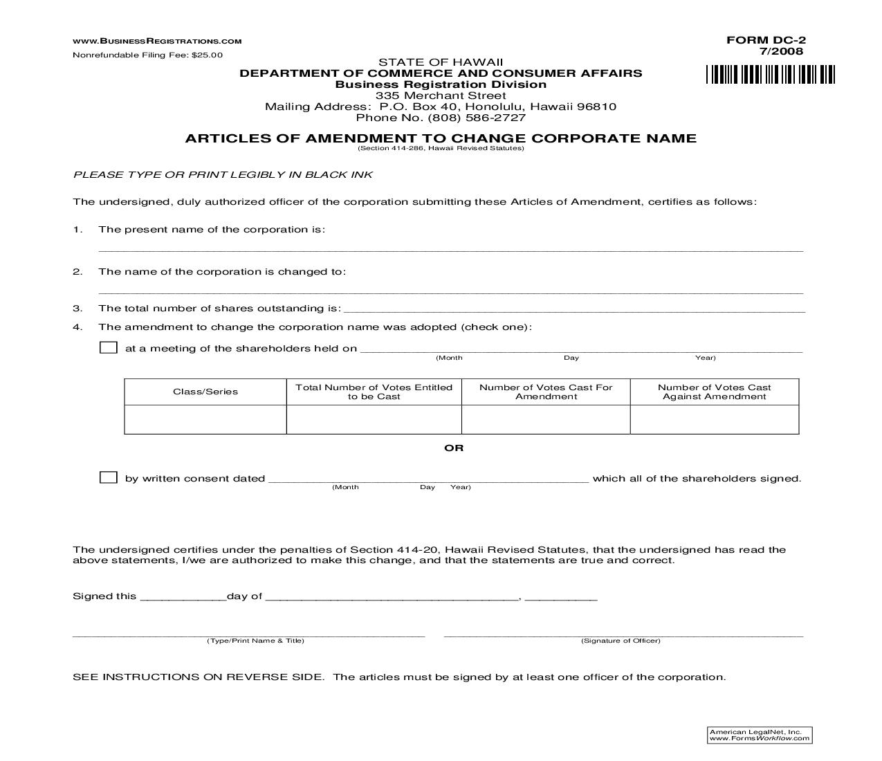 Articles Of Amendment To Change Corporate Name {DC-2} | Pdf Fpdf Doc Docx | Hawaii