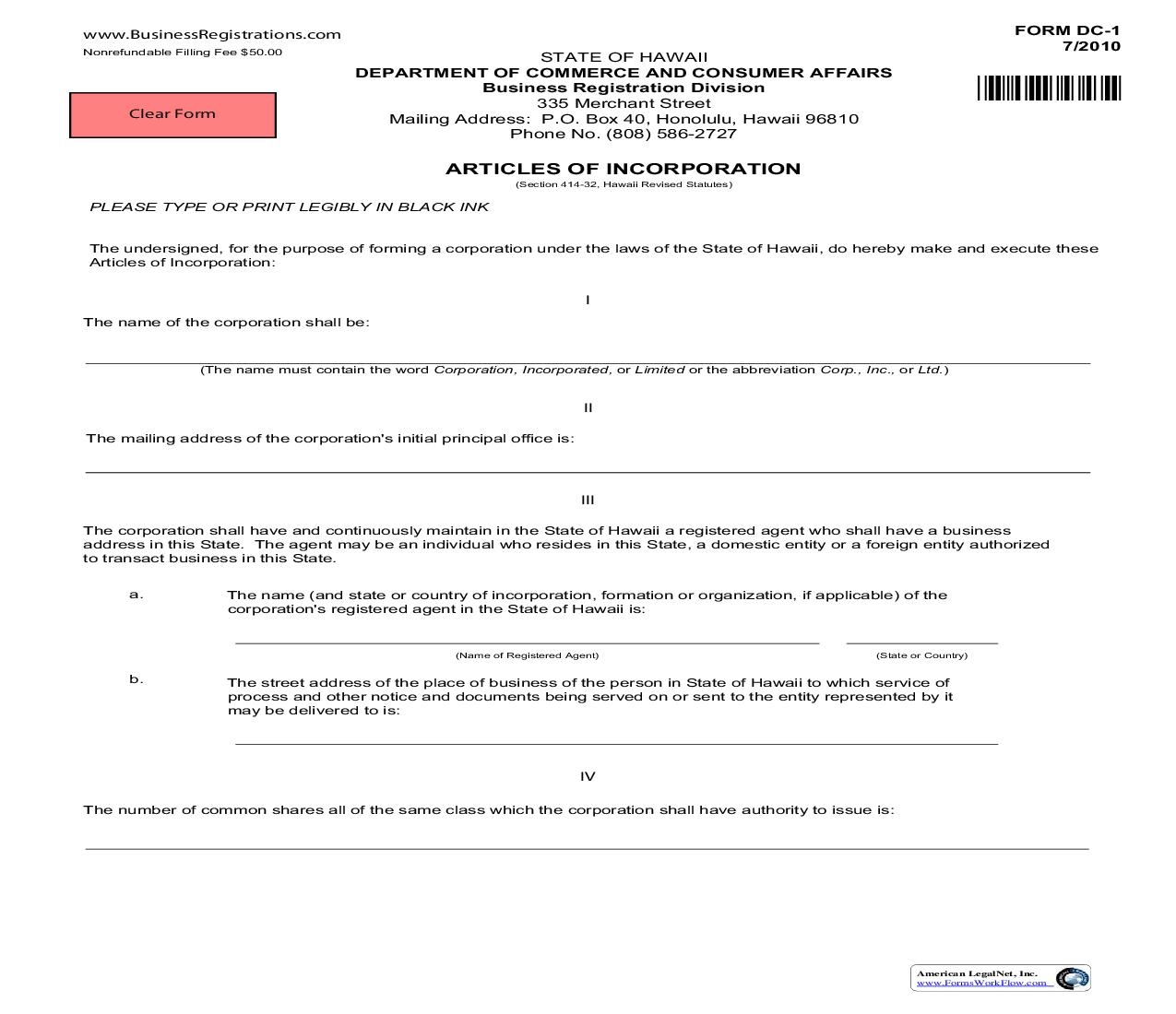 Articles Of Incorporation {DC-1} | Pdf Fpdf Doc Docx | Hawaii