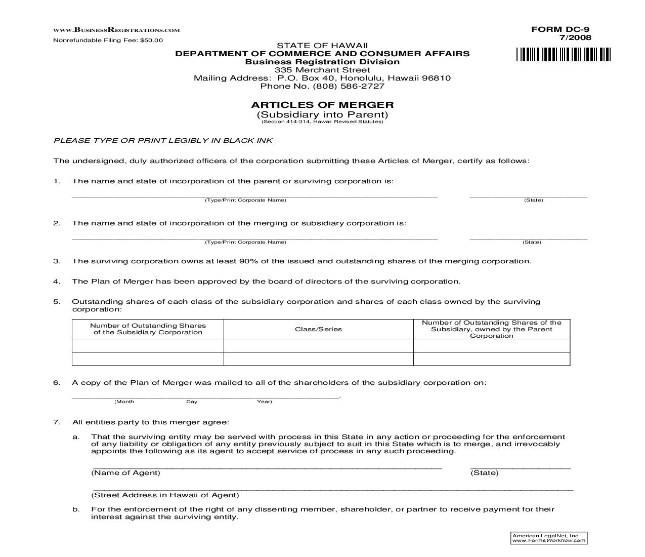 Articles Of Merger (Subsidiary Into Parent) {DC-9} | Pdf Fpdf Doc Docx | Hawaii