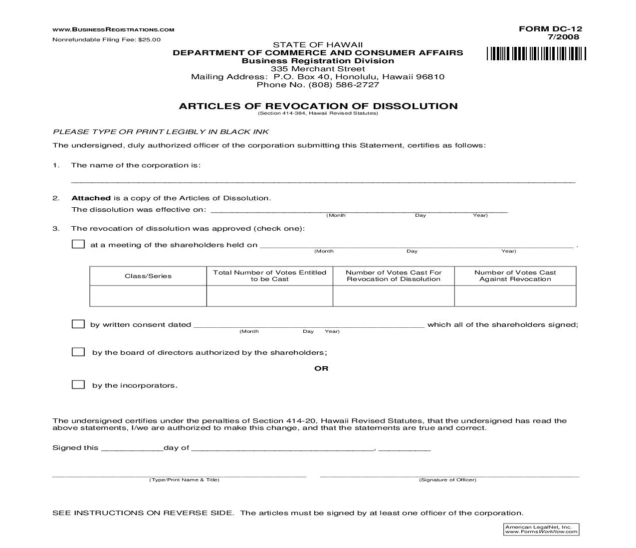 Articles Of Revocation Of Dissolution {DC-12} | Pdf Fpdf Doc Docx | Hawaii