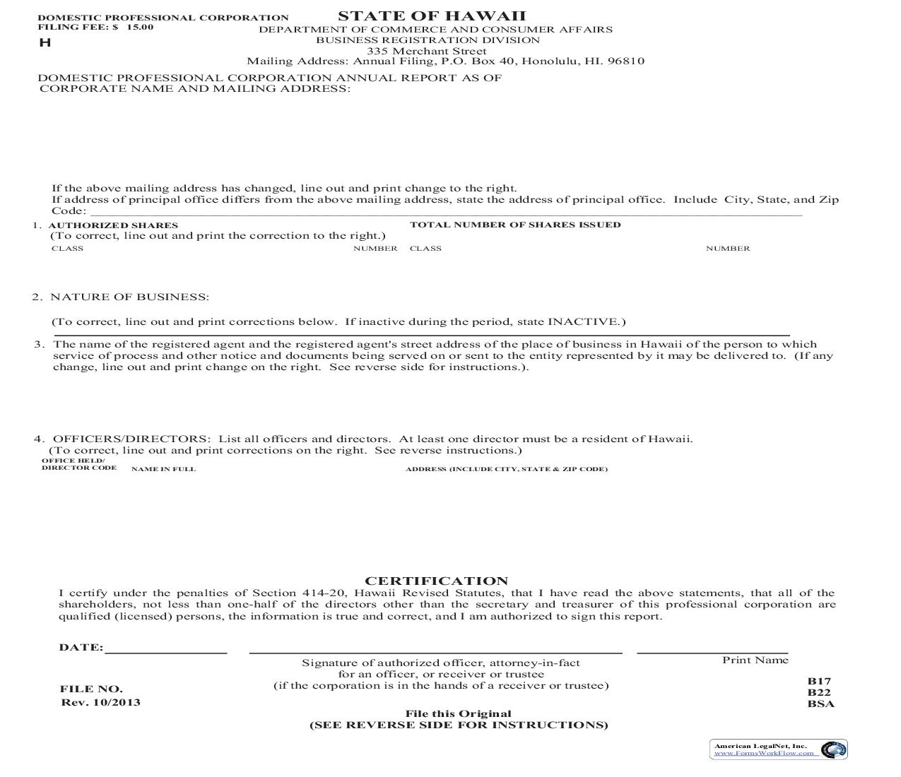Domestic Professional Corporation Annual Report {P1} | Pdf Fpdf Doc Docx | Hawaii
