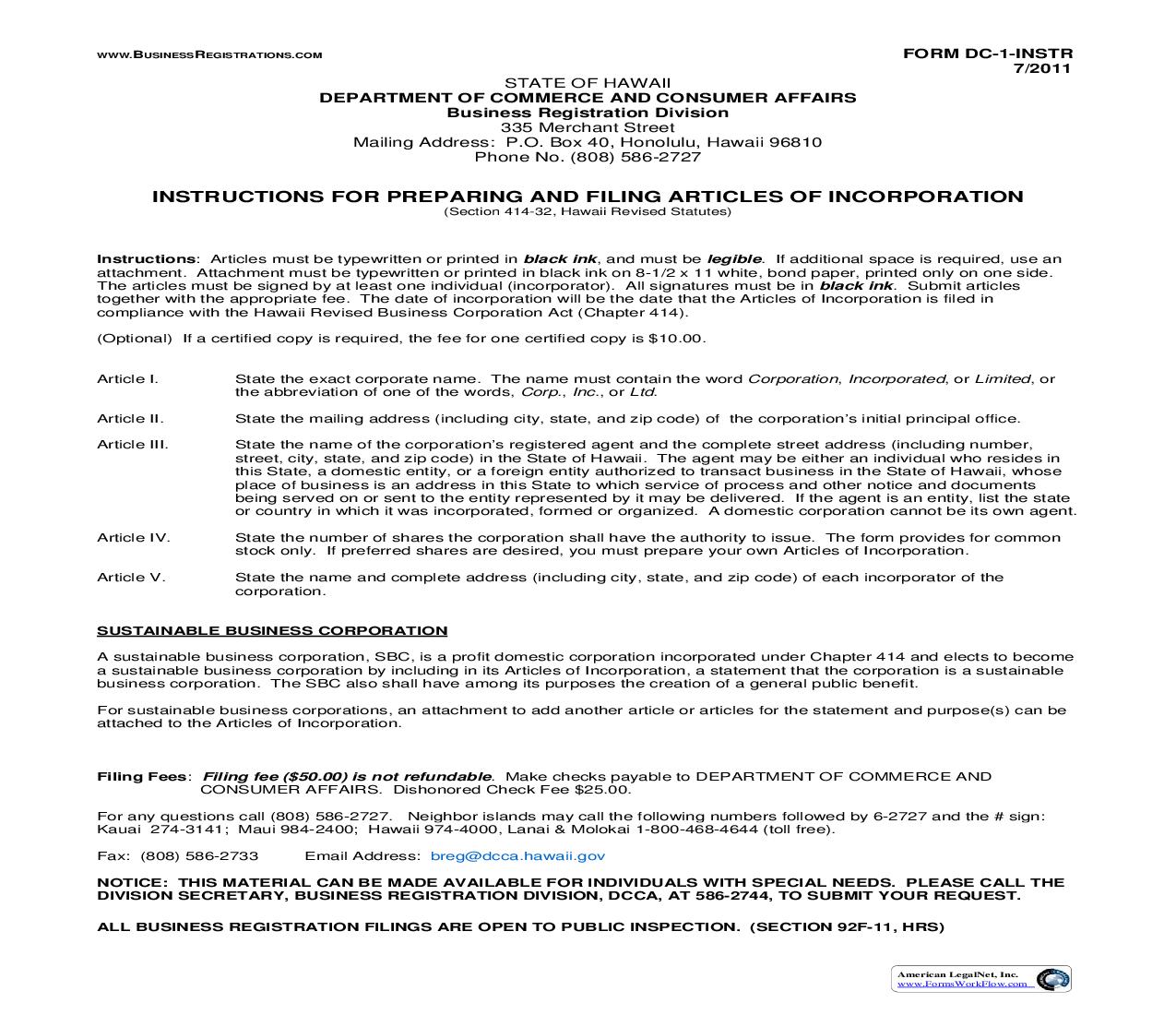 Instructions For Preparing And Filing Articles Of Incorporation {DC-1-Instr} | Pdf Fpdf Doc Docx | Hawaii