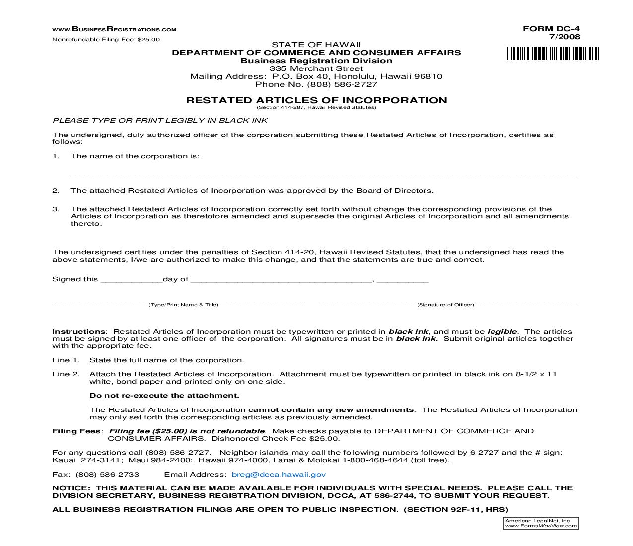 Restated Articles Of Incorporation {DC-4} | Pdf Fpdf Doc Docx | Hawaii