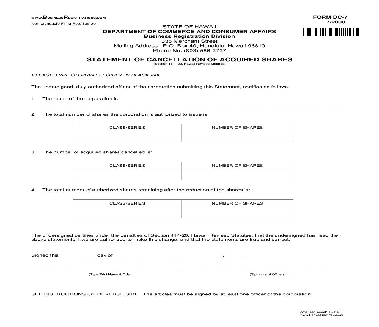 Statement Of Cancellation Of Acquired Shares {DC-7} | Pdf Fpdf Doc Docx | Hawaii