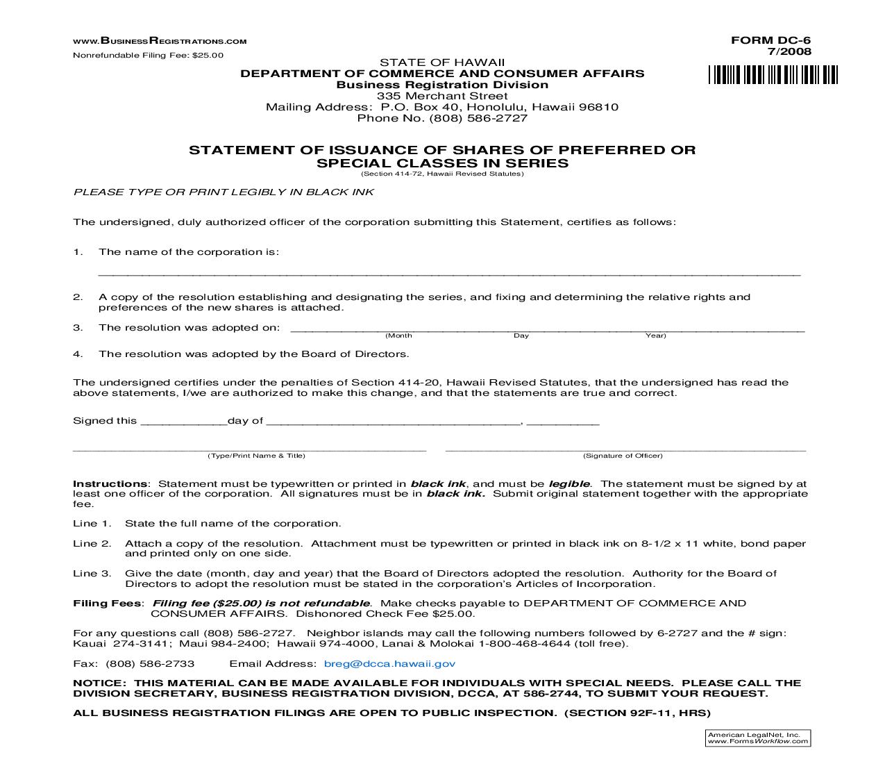 Statement Of Issuance Of Shares Of Preferred Or Special Classes In Series {DC-6} | Pdf Fpdf Doc Docx | Hawaii