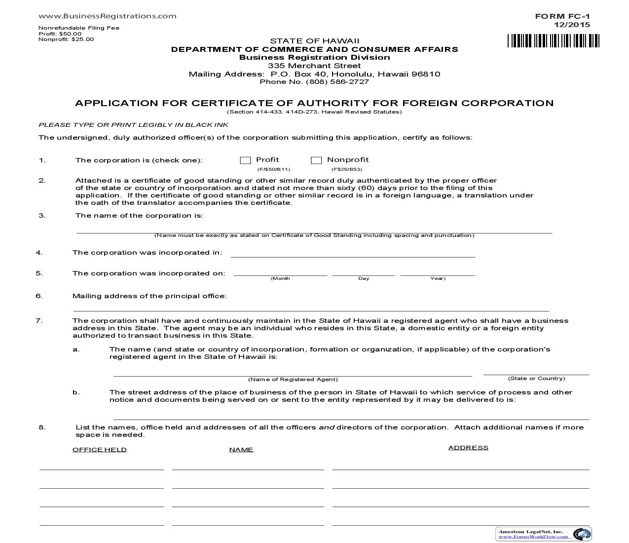 Application For Certificate Of Authority For Foreign Corporation {FC-1} | Pdf Fpdf Doc Docx | Hawaii