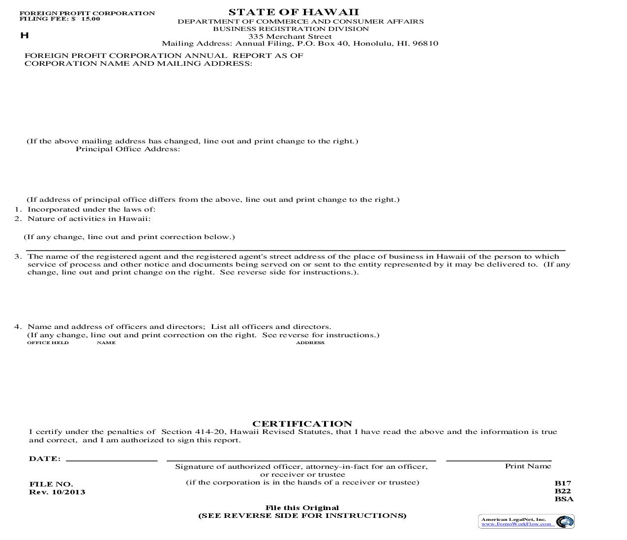 Foreign Profit Corporation Annual Report {F1} | Pdf Fpdf Doc Docx | Hawaii