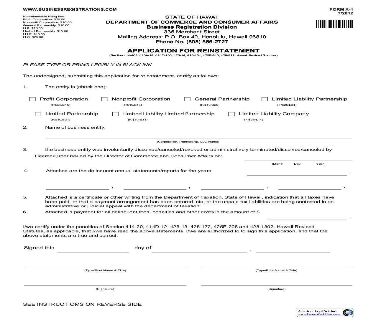 Application For Reinstatement {X-4} | Pdf Fpdf Doc Docx | Hawaii