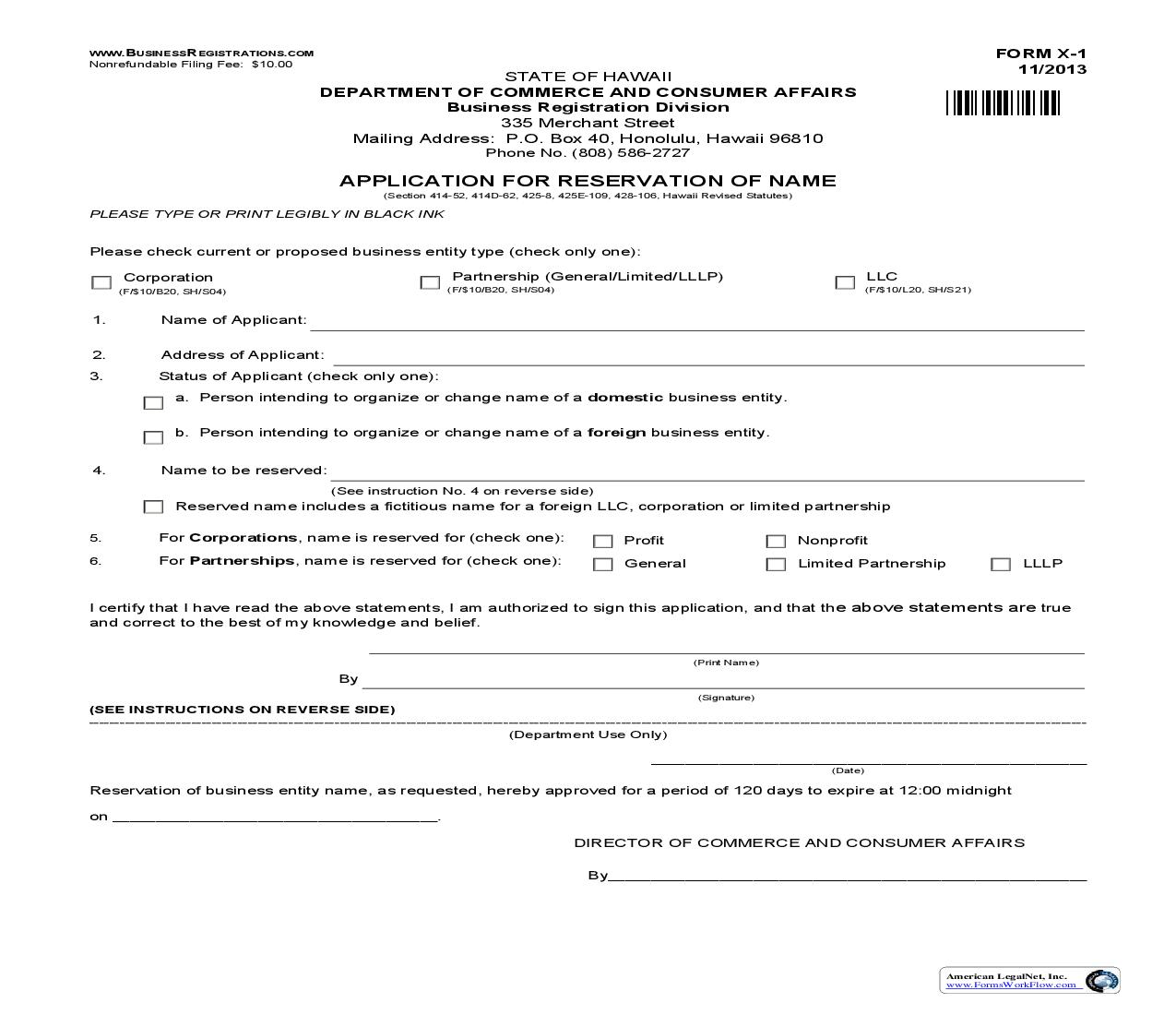 Application For Reservation Of Name {X-1} | Pdf Fpdf Doc Docx | Hawaii