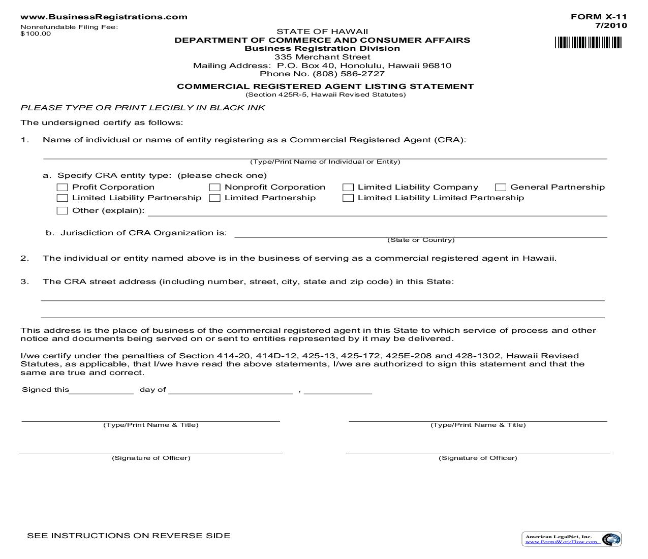 Commercial Registered Agent Listing Statement {X-11} | Pdf Fpdf Doc Docx | Hawaii
