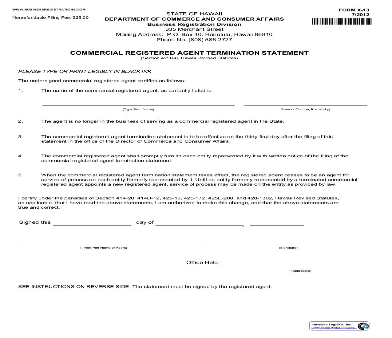 Commercial Registered Agent Termination Statement {X-13} | Pdf Fpdf Doc Docx | Hawaii
