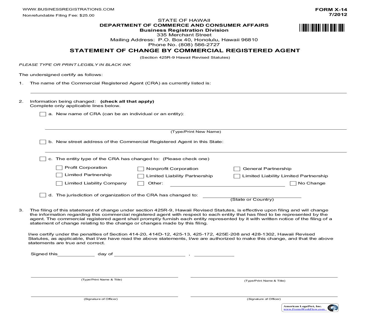 Statement Of Change By Commercial Registered Agent {X-14} | Pdf Fpdf Doc Docx | Hawaii