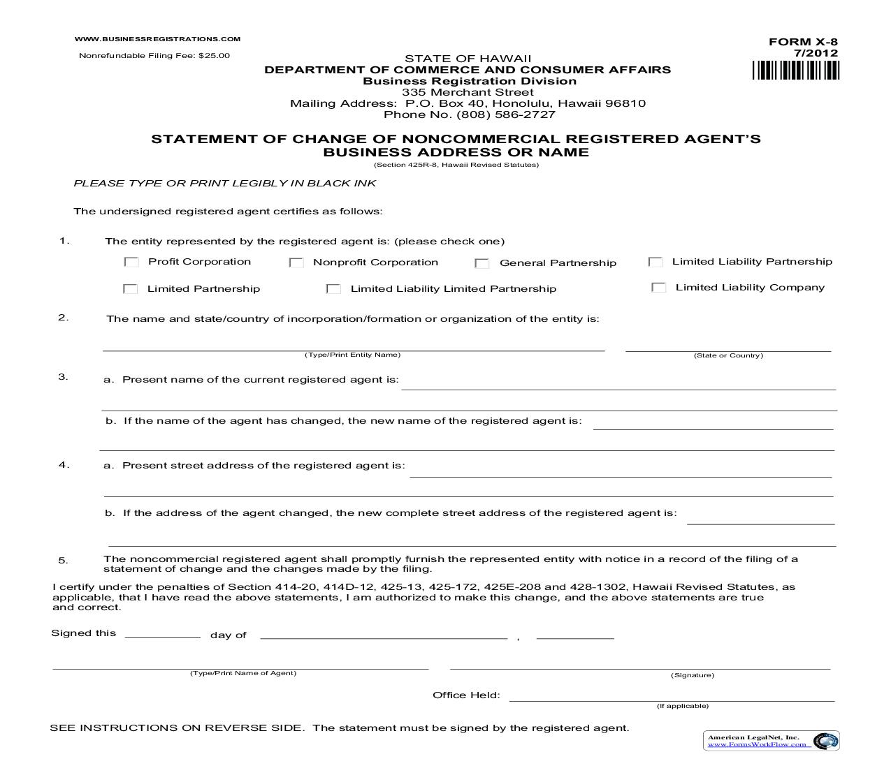 Statement Of Change Of Noncommercial Registered Agents Business Address Or Name {X-8} | Pdf Fpdf Doc Docx | Hawaii