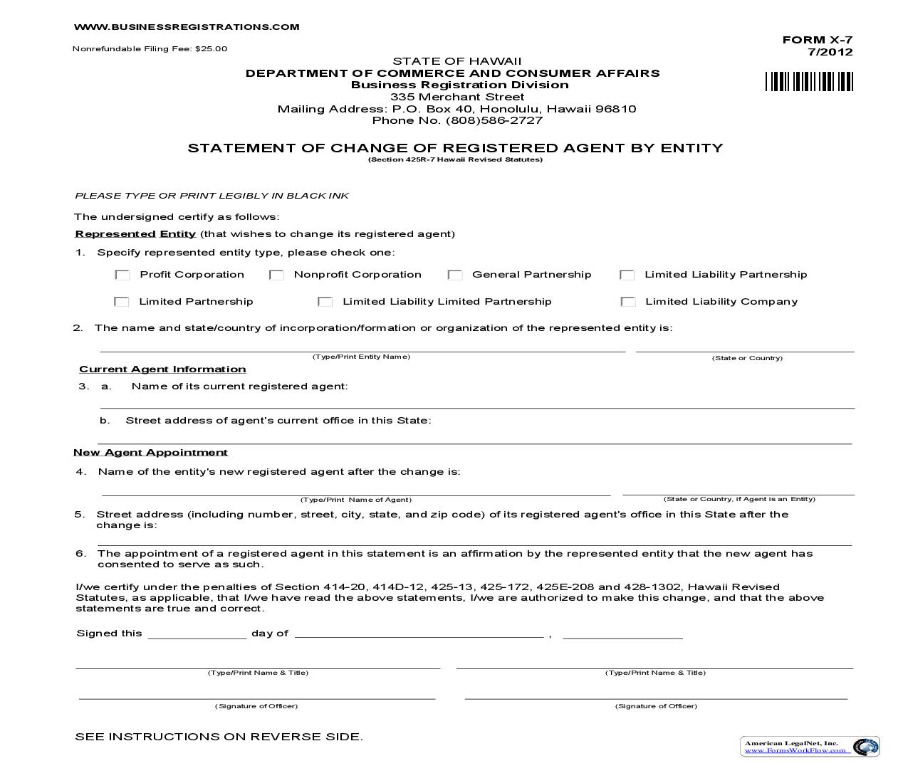Statement Of Change Of Registered Agent By Entity {X-7} | Pdf Fpdf Doc Docx | Hawaii