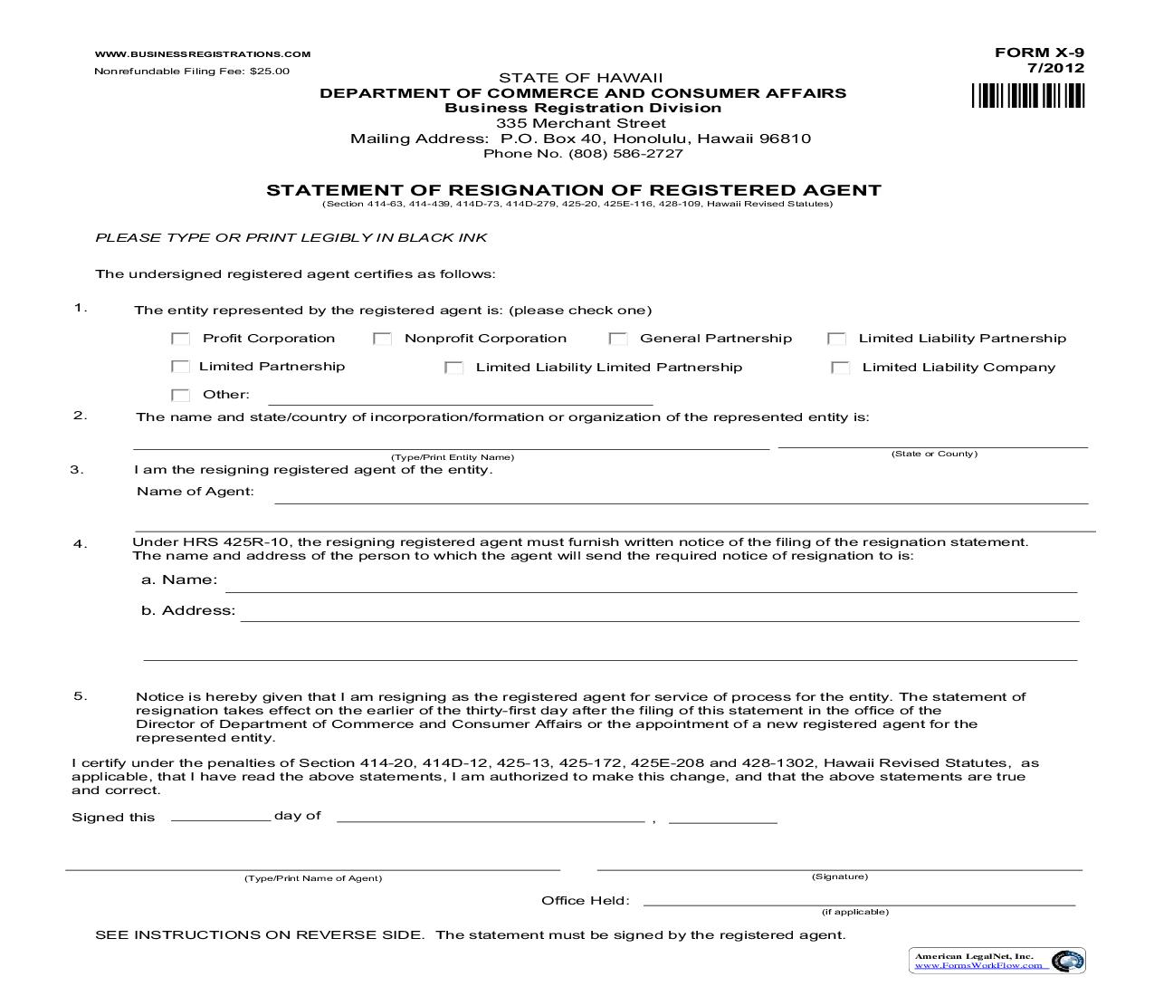 Statement Of Resignation Of Registered Agent {X-9} | Pdf Fpdf Doc Docx | Hawaii