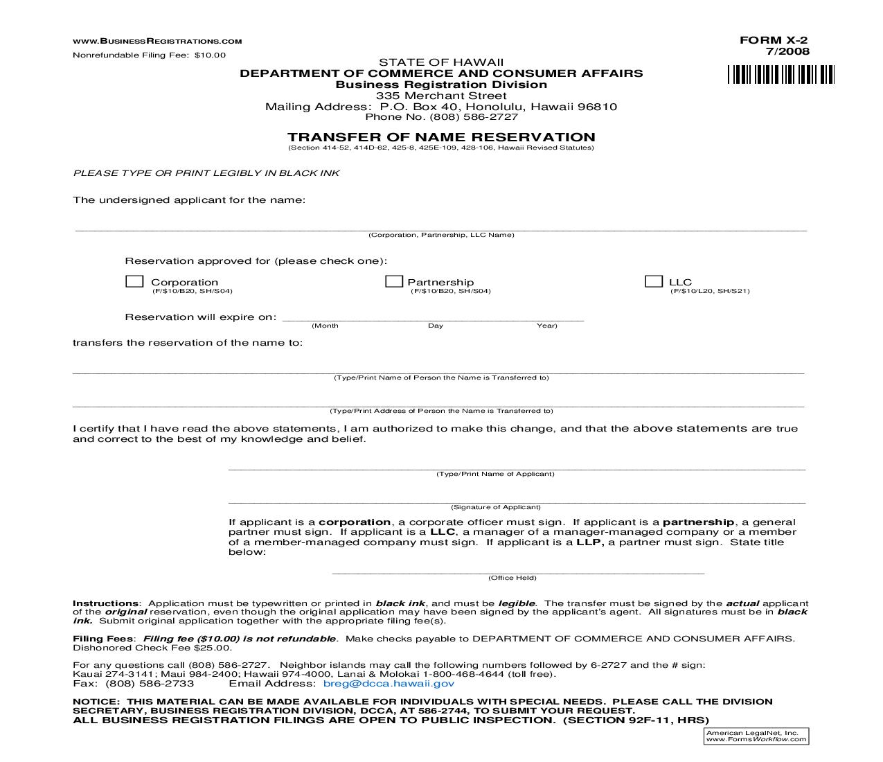 Transfer Of Name Reservation {X-2} | Pdf Fpdf Doc Docx | Hawaii