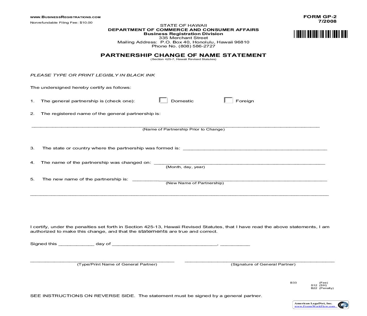 Partnership Change Of Name Statement (Domestic Only) {GP-2} | Pdf Fpdf Doc Docx | Hawaii