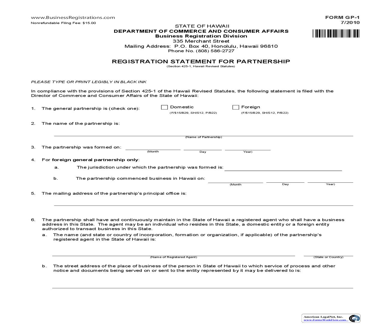 Registration Statement For Partnership {GP-1} | Pdf Fpdf Doc Docx | Hawaii