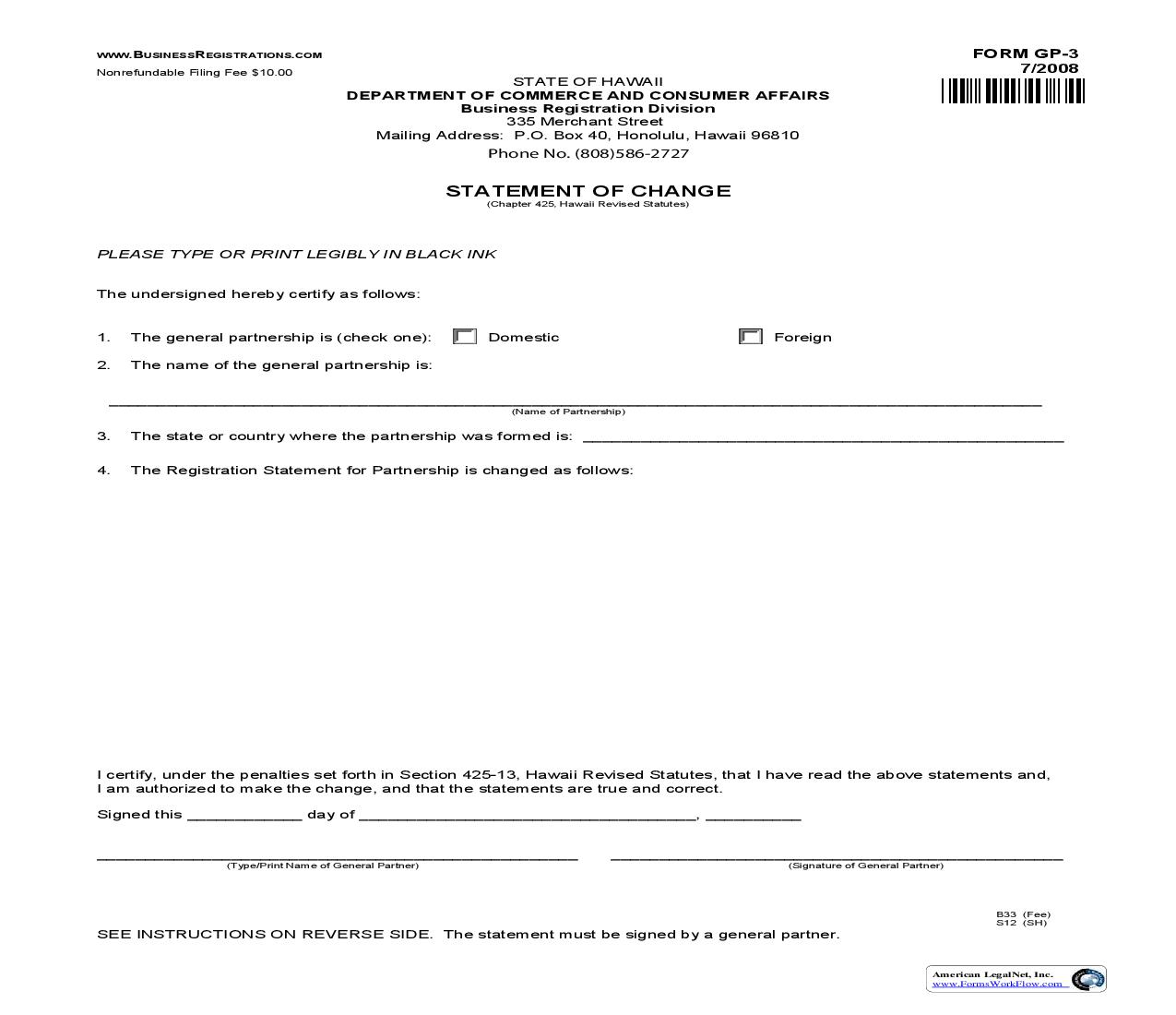 Statement Of Change (Of Partners) {GP-3} | Pdf Fpdf Doc Docx | Hawaii