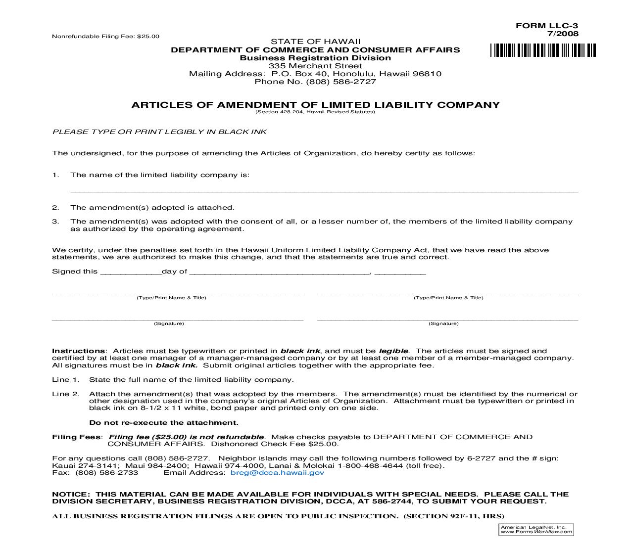 Articles Of Amendment Of Limited Liability Company {LLC-3} | Pdf Fpdf Doc Docx | Hawaii