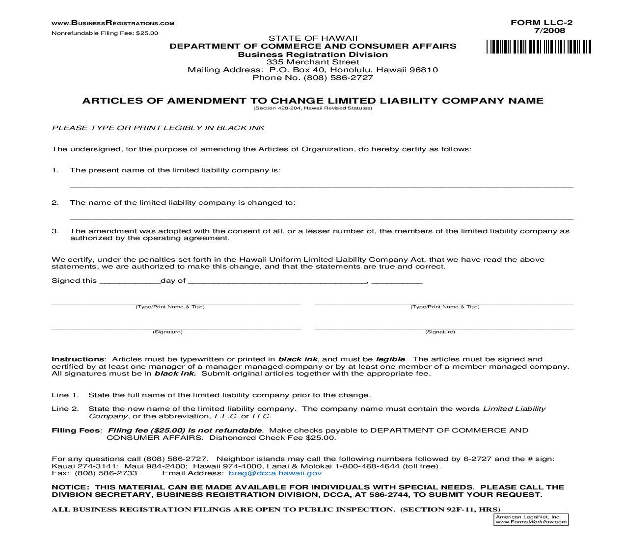 Articles Of Amendment To Change Limited Liability Company Name {LLC-2} | Pdf Fpdf Doc Docx | Hawaii
