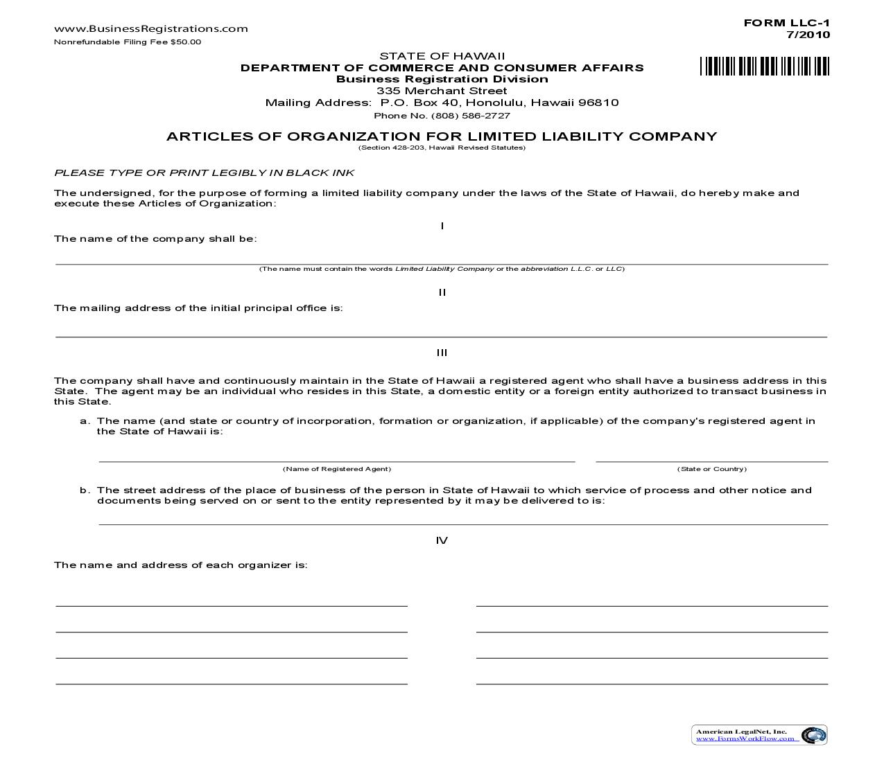 Articles Of Organization For Limited Liability Company {LLC-1} | Pdf Fpdf Doc Docx | Hawaii
