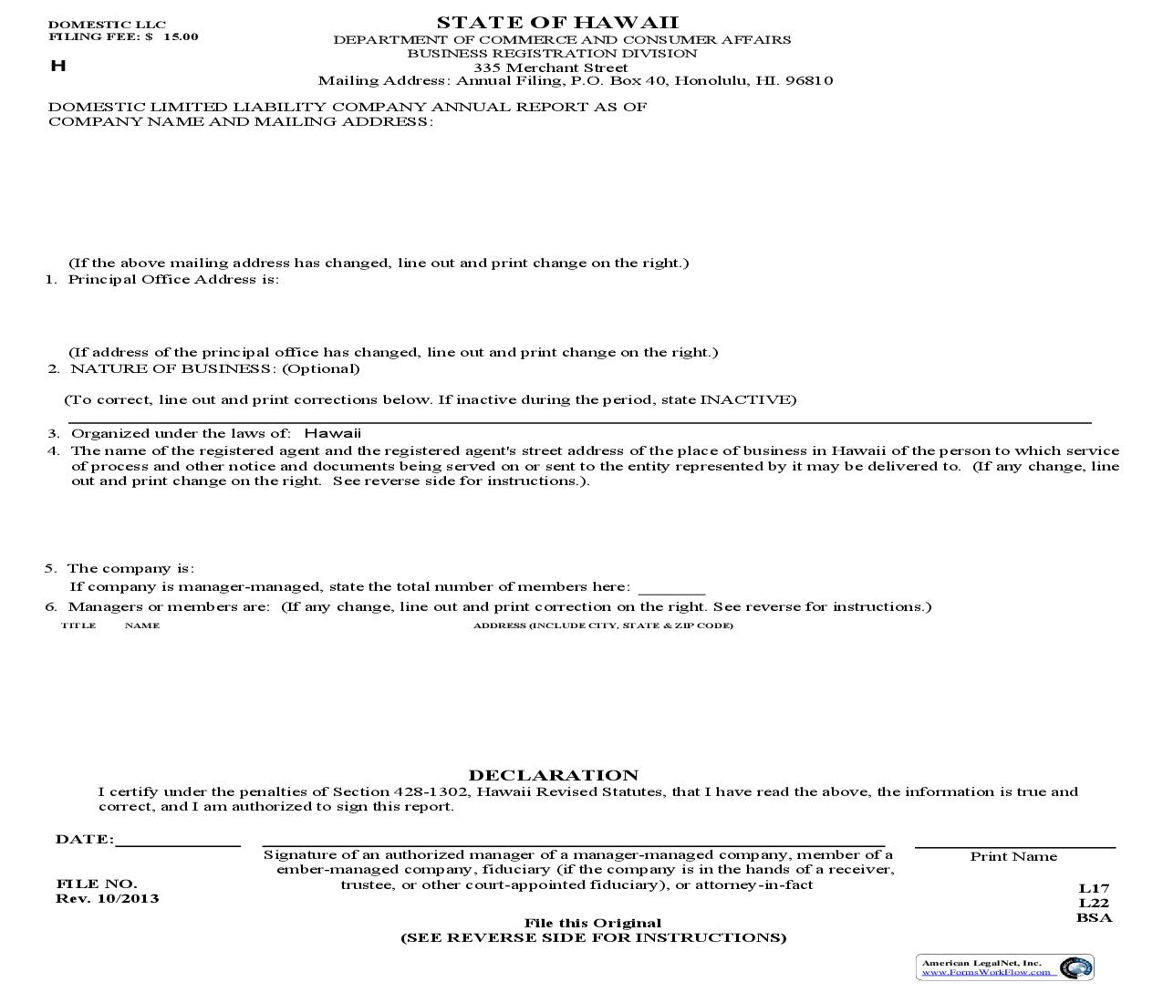 Domestic Limited Liability Company Annual Report {C5} | Pdf Fpdf Doc Docx | Hawaii