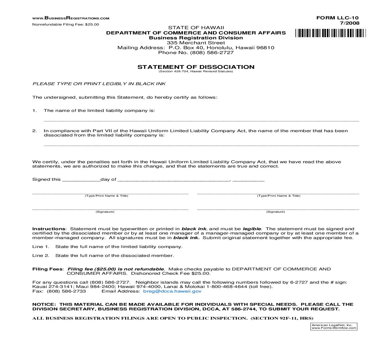 Statement Of Dissociation {LLC-10} | Pdf Fpdf Doc Docx | Hawaii