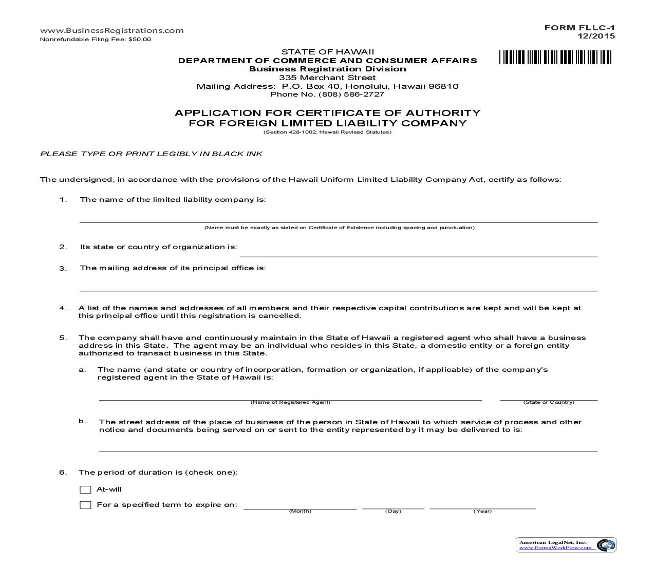 Application For Certificate Of Authority {FLLC-1} | Pdf Fpdf Doc Docx | Hawaii