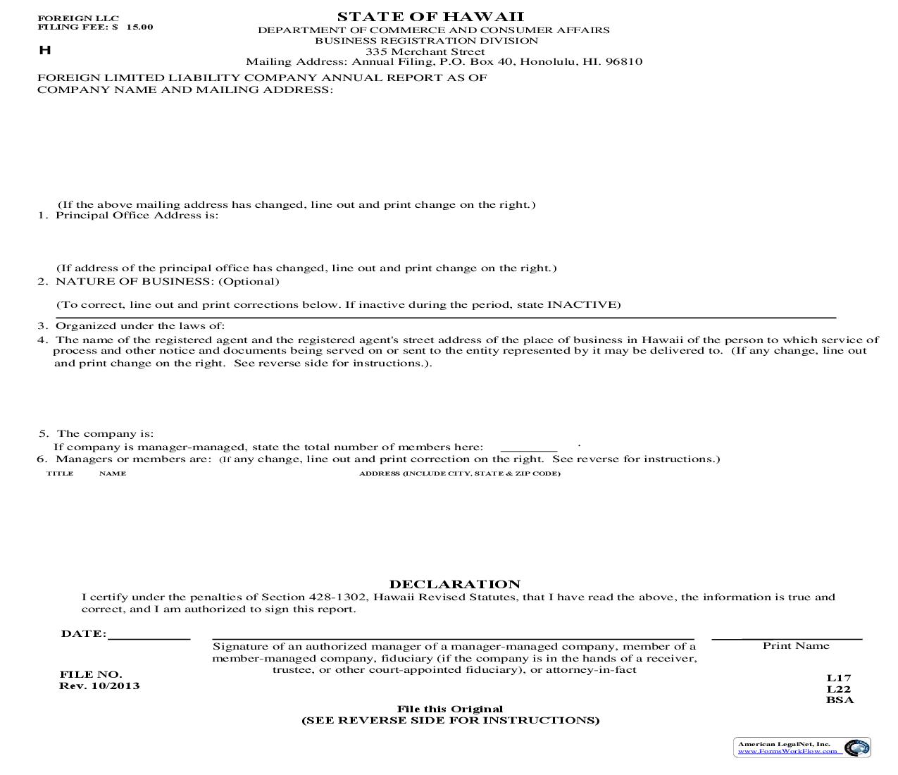 Foreign Limited Liability Company Annual Report {C6} | Pdf Fpdf Doc Docx | Hawaii