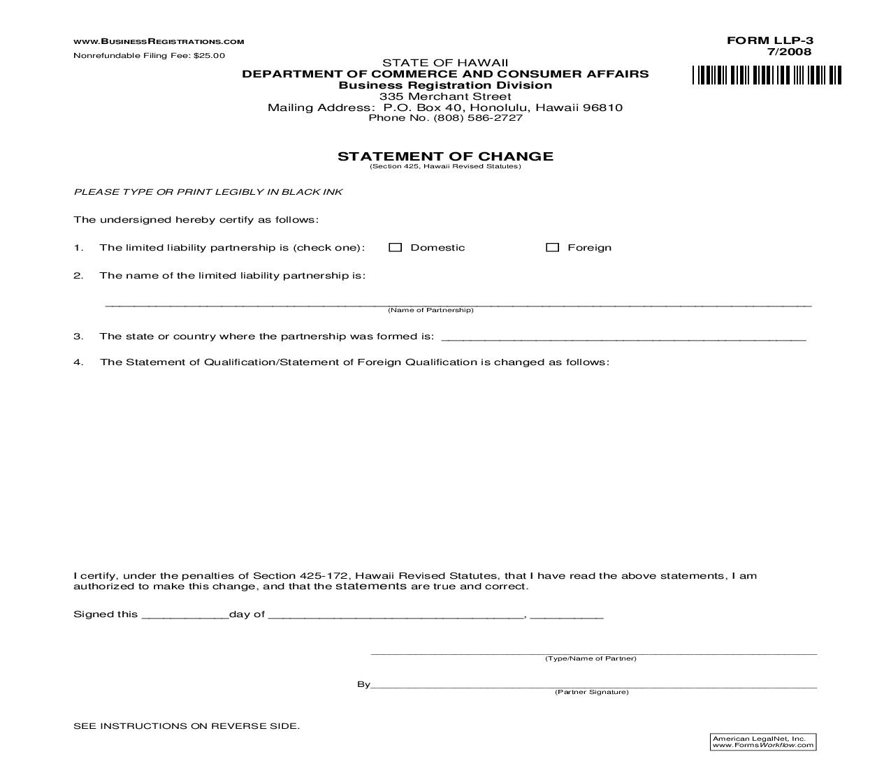 Statement Of Change {LLP-3} | Pdf Fpdf Doc Docx | Hawaii