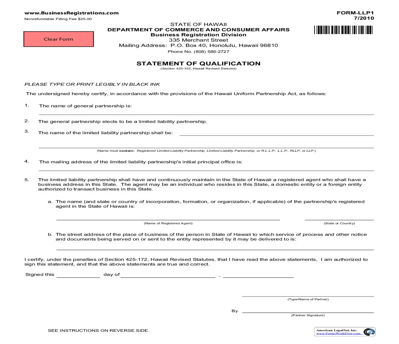 Statement Of Qualification (Certificate Of LLP) {LLP-1} | Pdf Fpdf Doc Docx | Hawaii