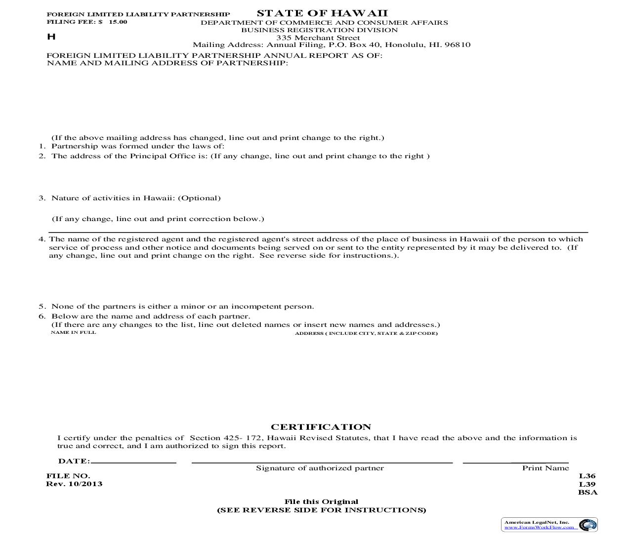 Foreign Limited Liability Partnership Annual Report {K6} | Pdf Fpdf Doc Docx | Hawaii